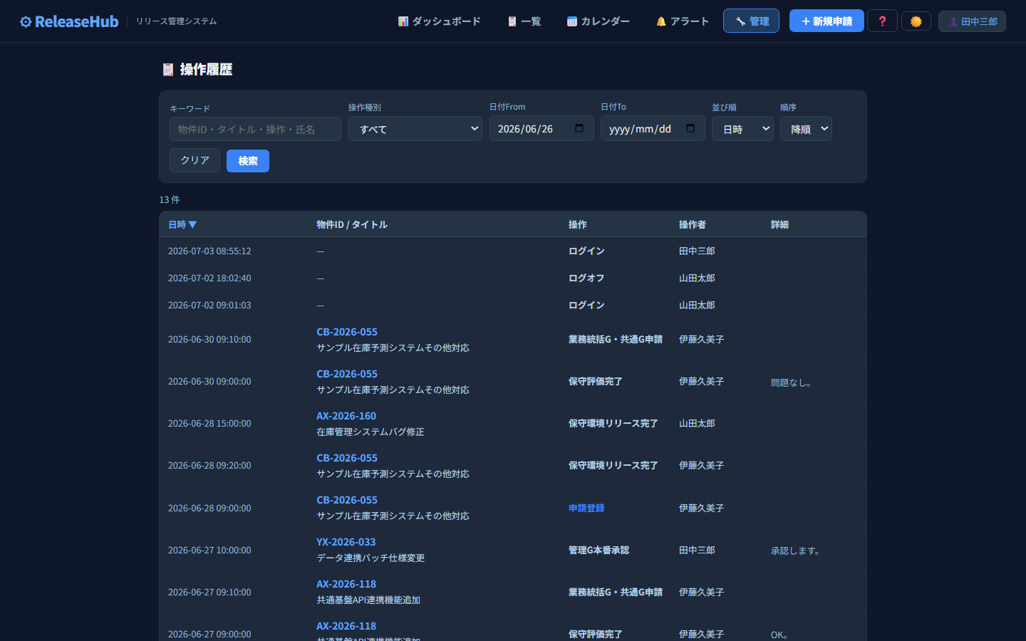 ReleaseHub 操作履歴